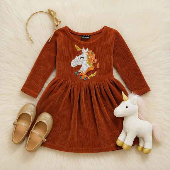 🦄 Lilt Brown Chenille Long Sleeve Sequined Unicorn Dress – Girls Size 5 - Picture 1 of 8